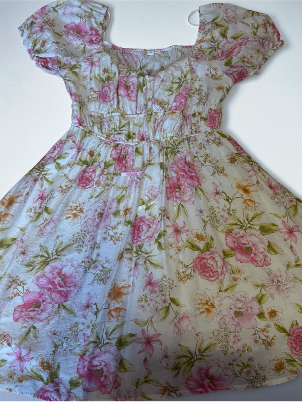 Blu Pepper Floral Puff-Sleeve Dress - White with Pink & Green Floral Print